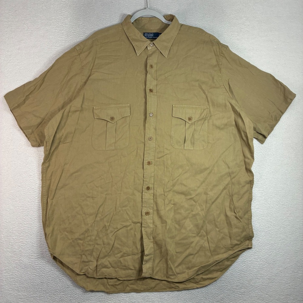 Vintage Polo Ralph Lauren Linen Blend Safari Shirt Men 2XLT Tan Short Sleeve